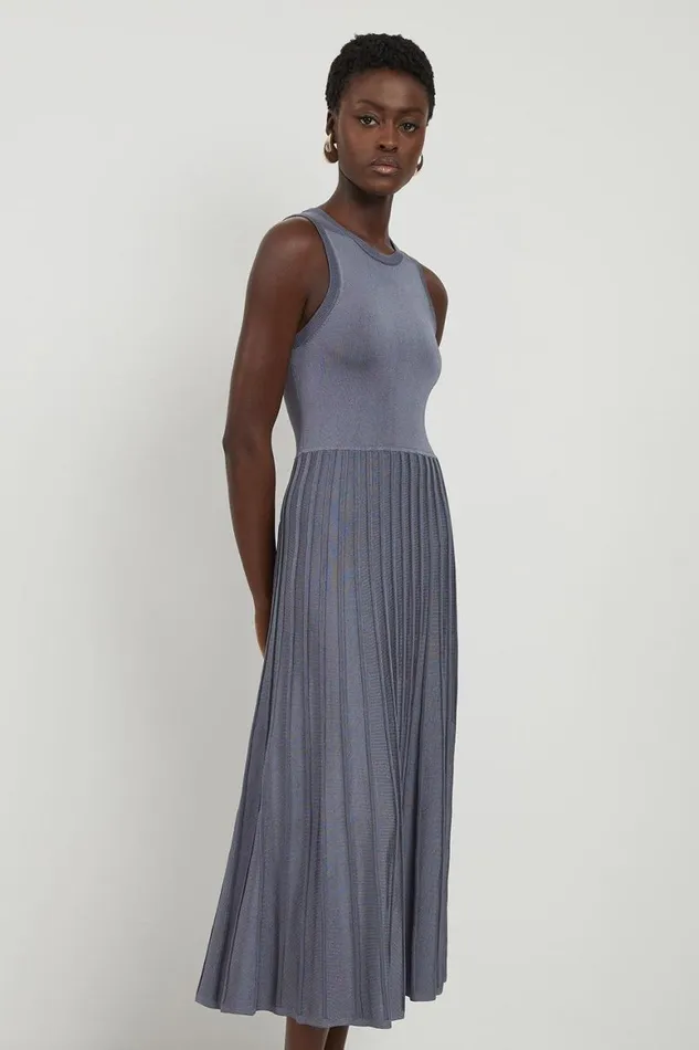 Dresses Women Karen Millen Petite Slinky Knit Pleated Midaxi Dress Grey Blue