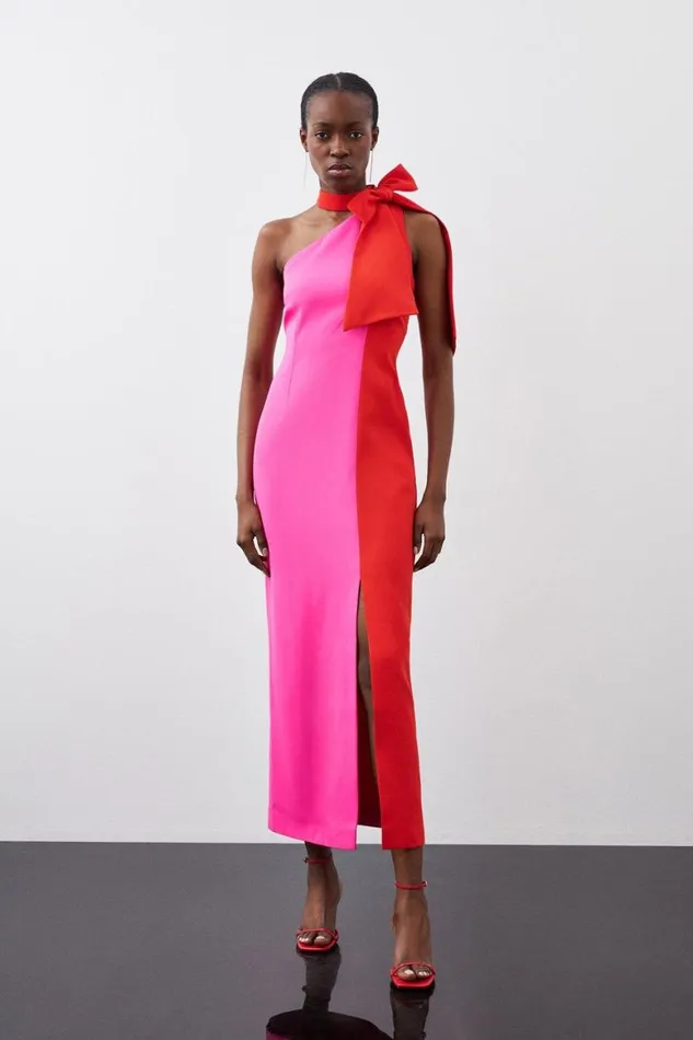 Dresses Women Karen Millen Petite Soft Tailored Colour Block Tie Neck Midi Dress Pink Dresses Women Karen Millen Petite Soft Tailored Colour Block Tie Neck Midi Dress Pink