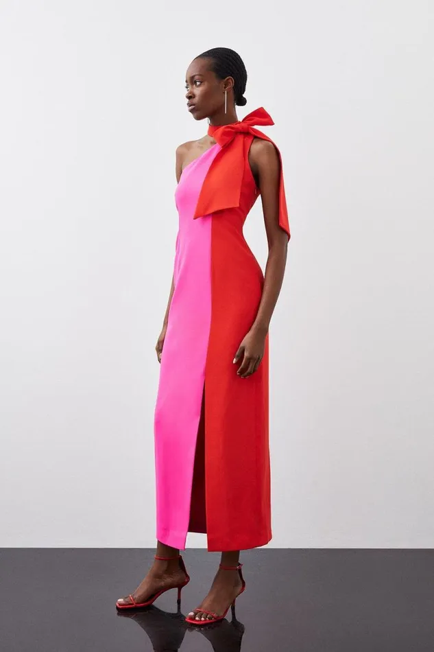 Dresses Women Karen Millen Petite Soft Tailored Colour Block Tie Neck Midi Dress Pink