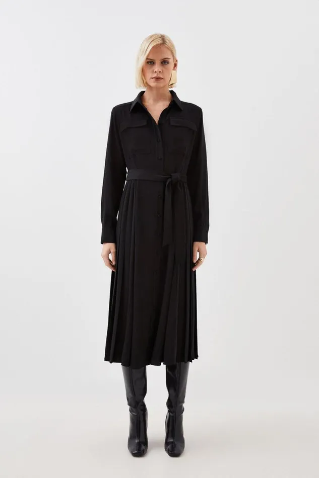 Dresses Women Karen Millen Petite Soft Tailored Pleated Pocket Detail Midi Shirt Dress Black Dresses Women Karen Millen Petite Soft Tailored Pleated Pocket Detail Midi Shirt Dress Black