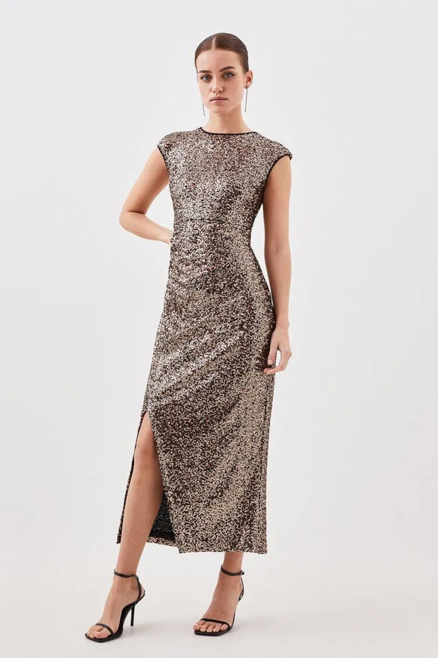 Dresses Women Karen Millen Petite Stretch Sequin Woven Midaxi Dress Gold