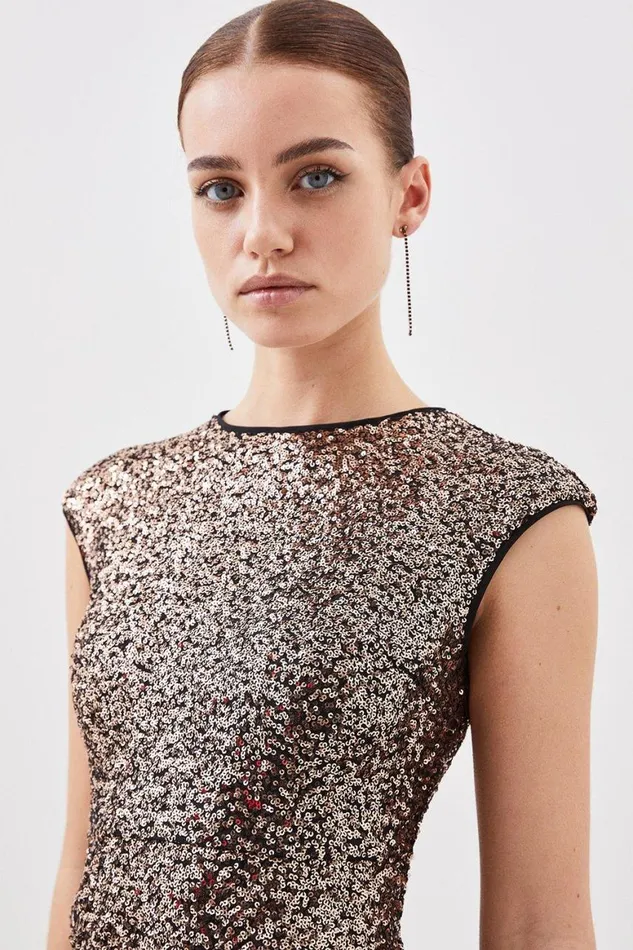 Dresses Women Karen Millen Petite Stretch Sequin Woven Midaxi Dress Gold