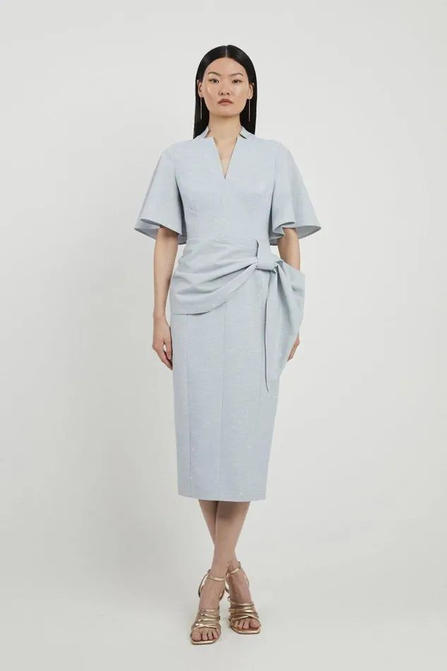 Dresses Women Karen Millen Petite Tailored Metallic Angel Sleeved Midi Pencil Dress Pale Blue