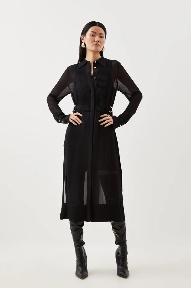 Dresses Women Karen Millen Petite Viscose Pintuck Shirt Midi Dress Black