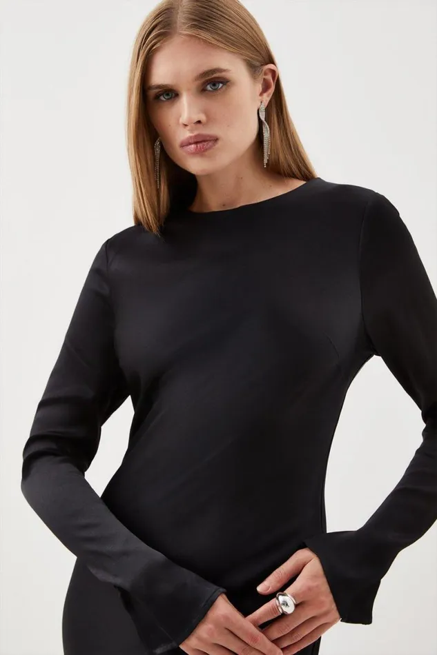 Dresses Women Karen Millen Petite Viscose Satin Long Sleeve Maxi Dress Black