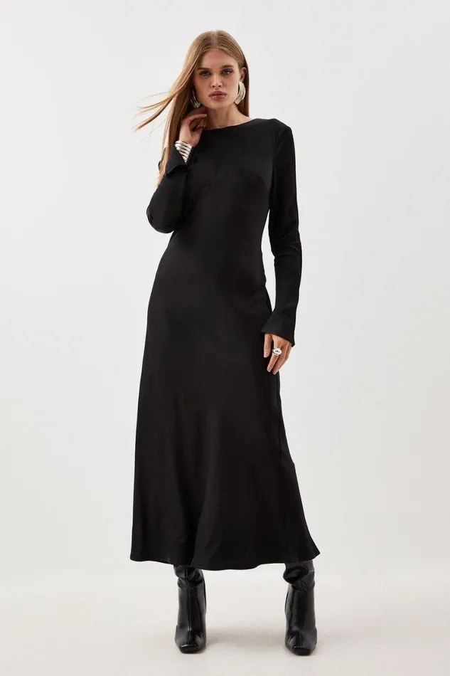 Dresses Women Karen Millen Petite Viscose Satin Long Sleeve Maxi Dress Black
