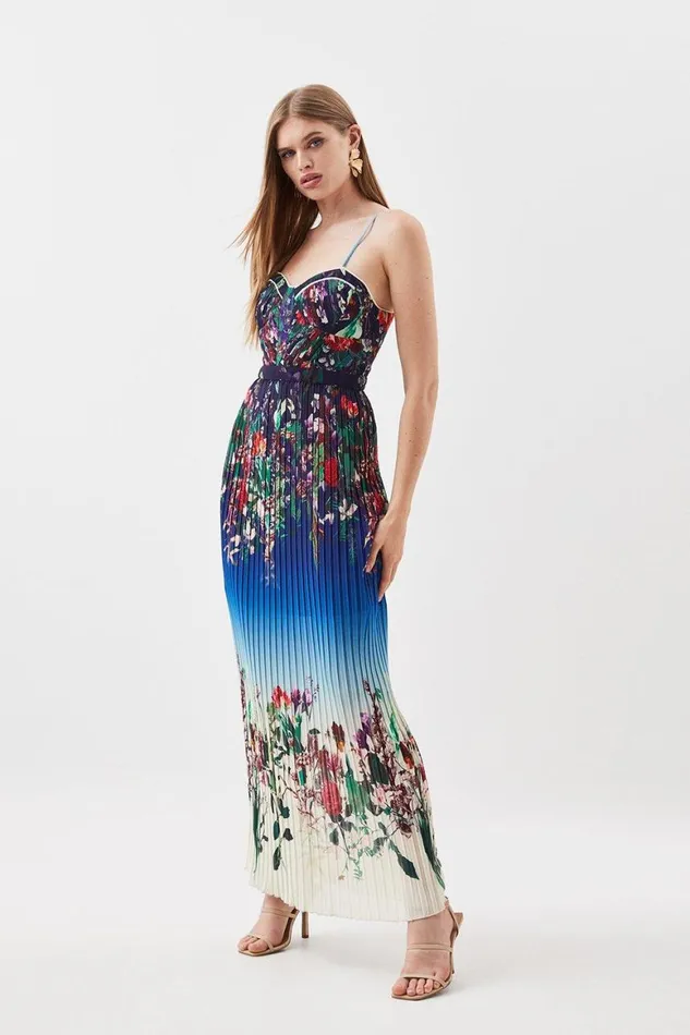Dresses Women Karen Millen Pleat Detail Floral Strappy Woven Midi Dress Blue