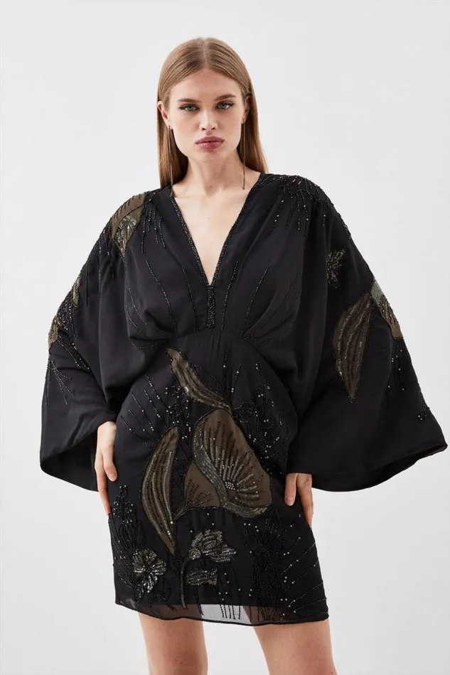 Dresses Women Karen Millen Plunge Embellished Woven Kimono Sleeve Mini Dress Black Dresses Women Karen Millen Plunge Embellished Woven Kimono Sleeve Mini Dress Black