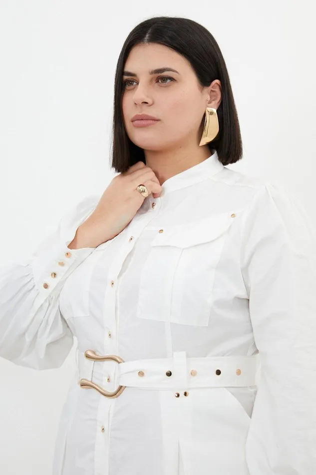 Dresses Women Karen Millen Plus Size Cotton Sateen Button Detail Woven Maxi Shirt Dress White