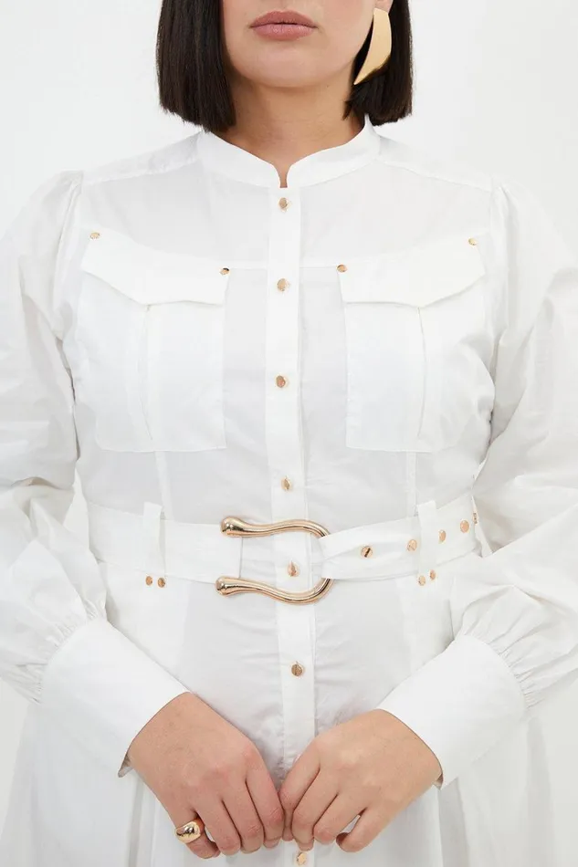 Dresses Women Karen Millen Plus Size Cotton Sateen Button Detail Woven Maxi Shirt Dress White