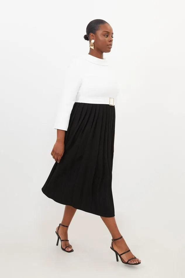Dresses Women Karen Millen Plus Size Tailored Structured Crepe Roll Neck Pleated Dress Mono