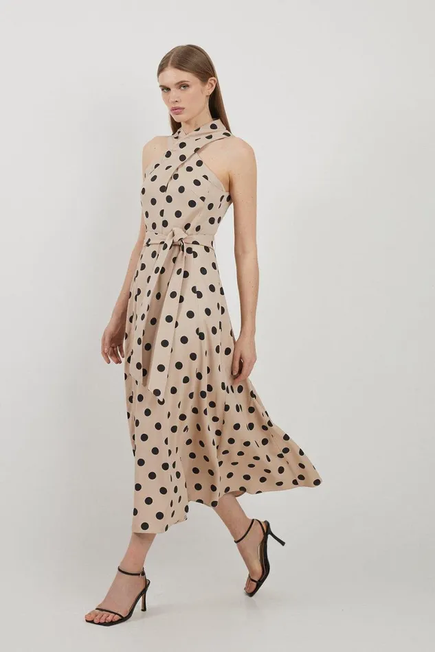 Dresses Women Karen Millen Polka Dot Premium Linen Tailored Halterneck Full Skirted Midi Dress Multi Dresses Women Karen Millen Polka Dot Premium Linen Tailored Halterneck Full Skirted Midi Dress Multi