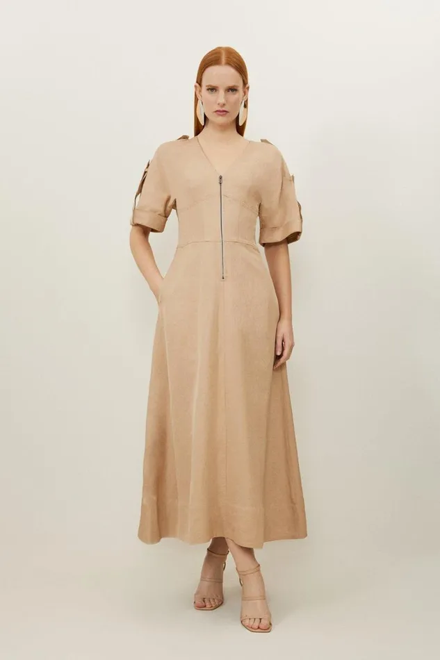 Dresses Women Karen Millen Premium Linen Twill Woven Short Sleeve Midi Dress Camel Dresses Women Karen Millen Premium Linen Twill Woven Short Sleeve Midi Dress Camel