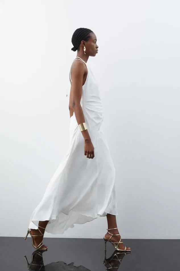 Dresses Women Karen Millen Premium Ruched Halter Strappy Maxi Dress Ivory