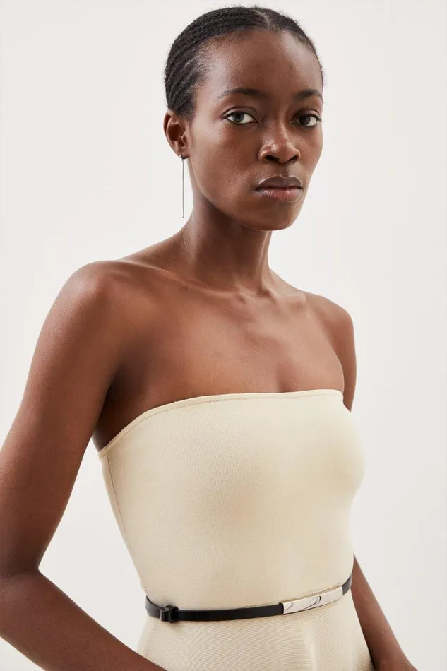 Dresses Women Karen Millen Premium Viscose Blend Body Contouring Belted Full Skirt Bandeau Knit Dress Ivory