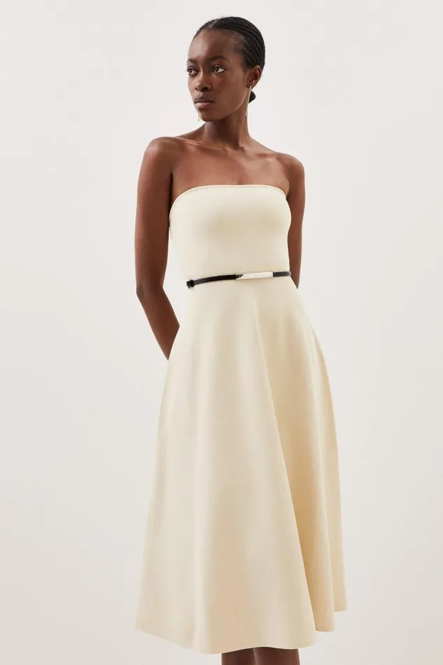 Dresses Women Karen Millen Premium Viscose Blend Body Contouring Belted Full Skirt Bandeau Knit Dress Ivory