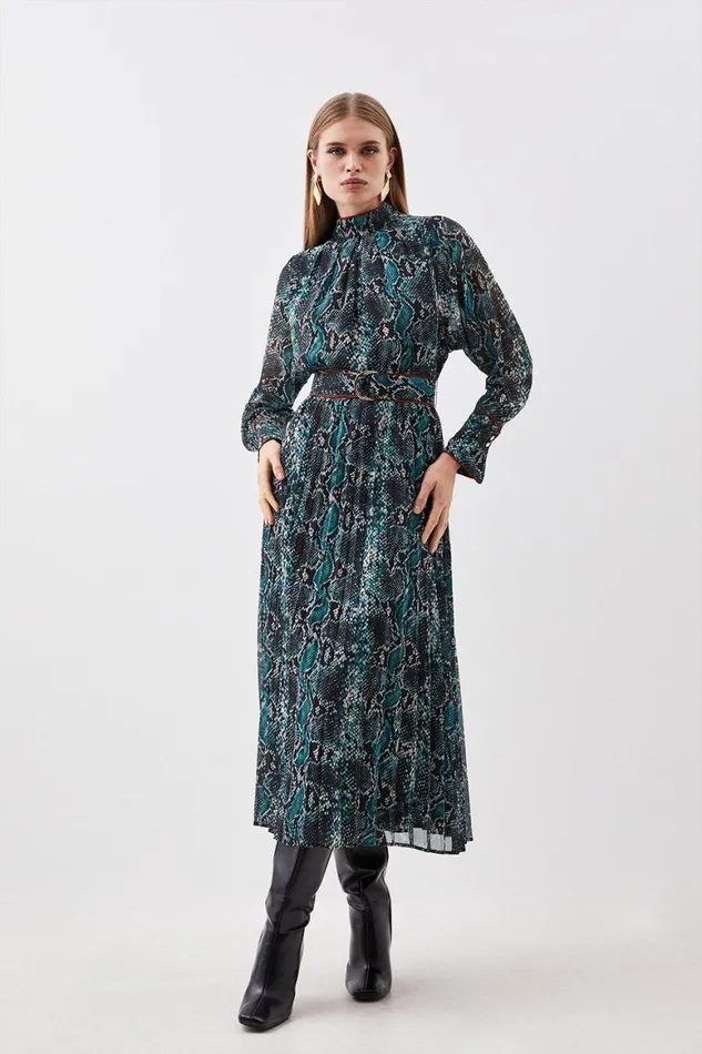 Dresses Women Karen Millen Printed Georgette Pleated Woven Maxi Dress Snake