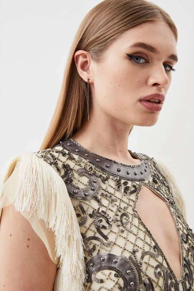 Dresses Women Karen Millen Pu Leather Sequin Woven Mini Dress Silver