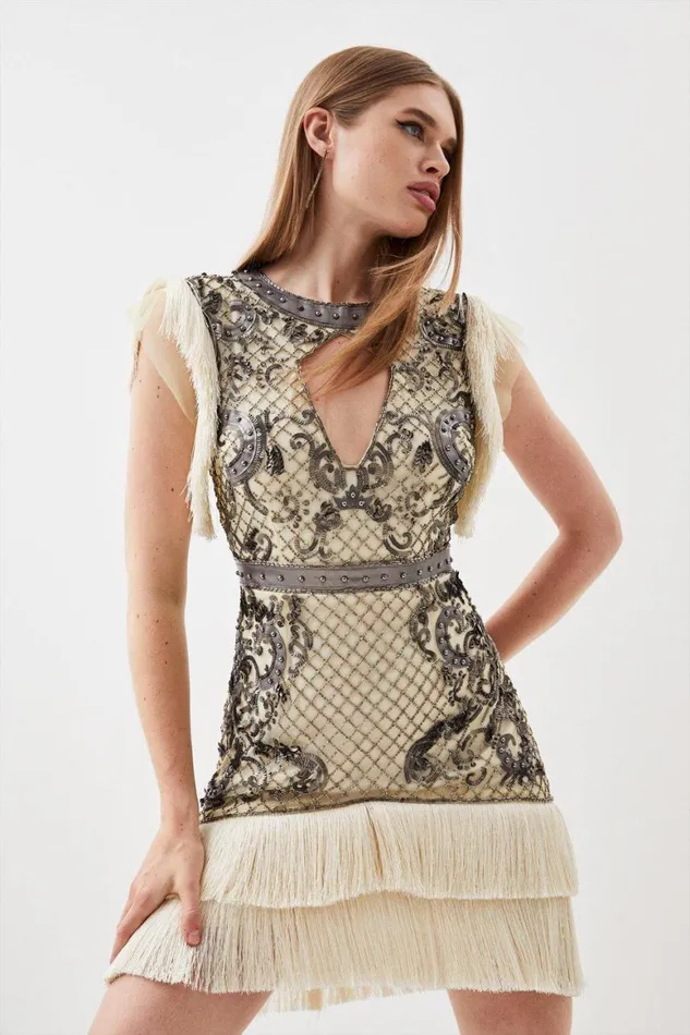 Dresses Women Karen Millen Pu Leather Sequin Woven Mini Dress Silver