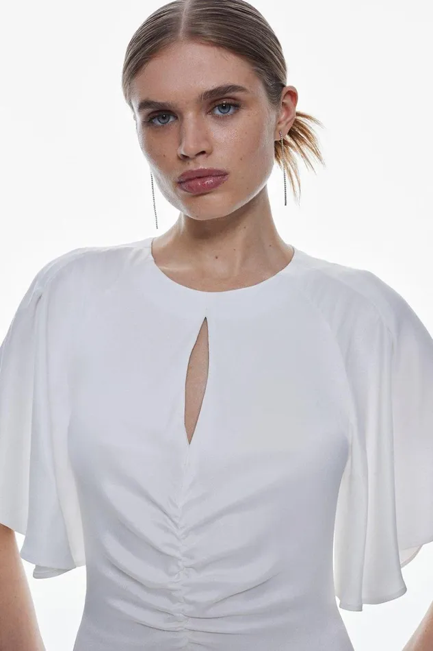 Dresses Women Karen Millen Satin Back Crepe Angel Sleeved Woven Maxi Dress Ivory