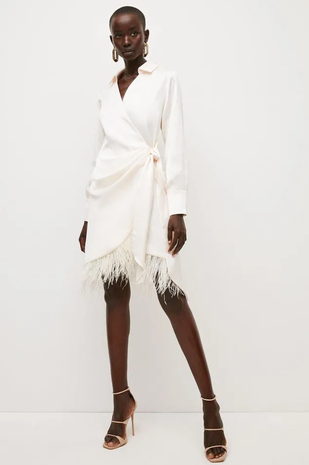 Dresses Women Karen Millen Satin Back Crepe Feather Hem Tailored Shirt Mini Dress Cream Dresses Women Karen Millen Satin Back Crepe Feather Hem Tailored Shirt Mini Dress Cream