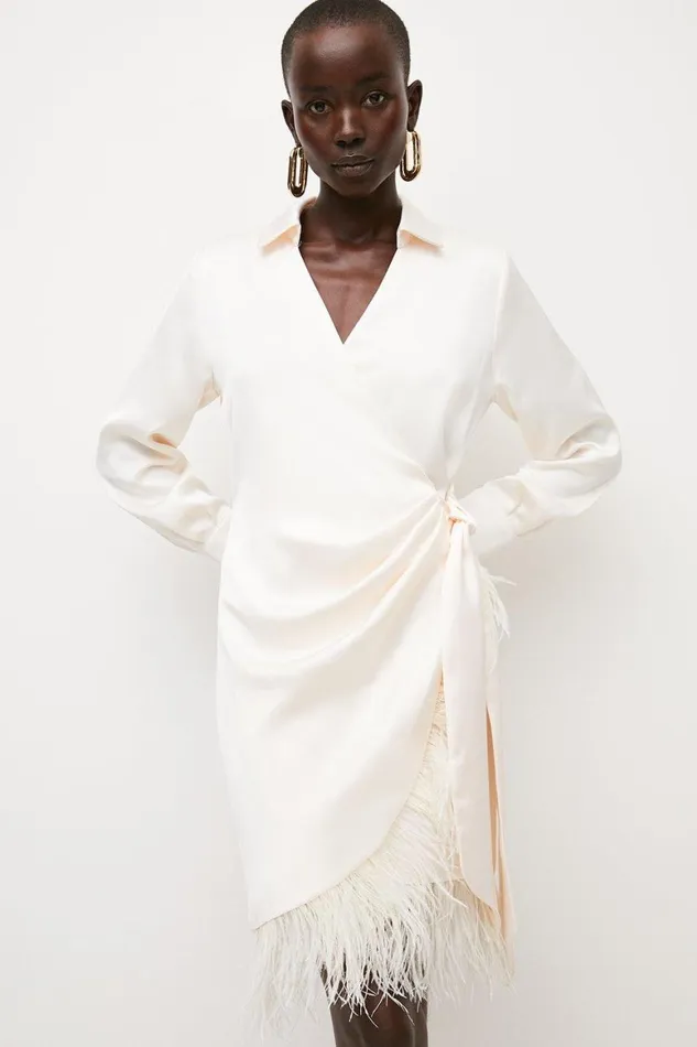Dresses Women Karen Millen Satin Back Crepe Feather Hem Tailored Shirt Mini Dress Cream