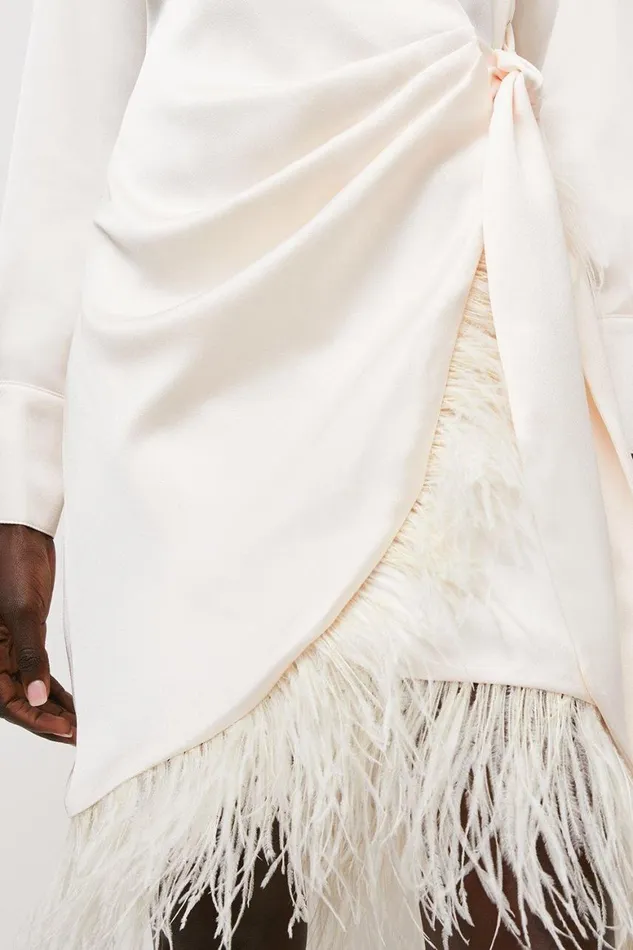 Dresses Women Karen Millen Satin Back Crepe Feather Hem Tailored Shirt Mini Dress Cream