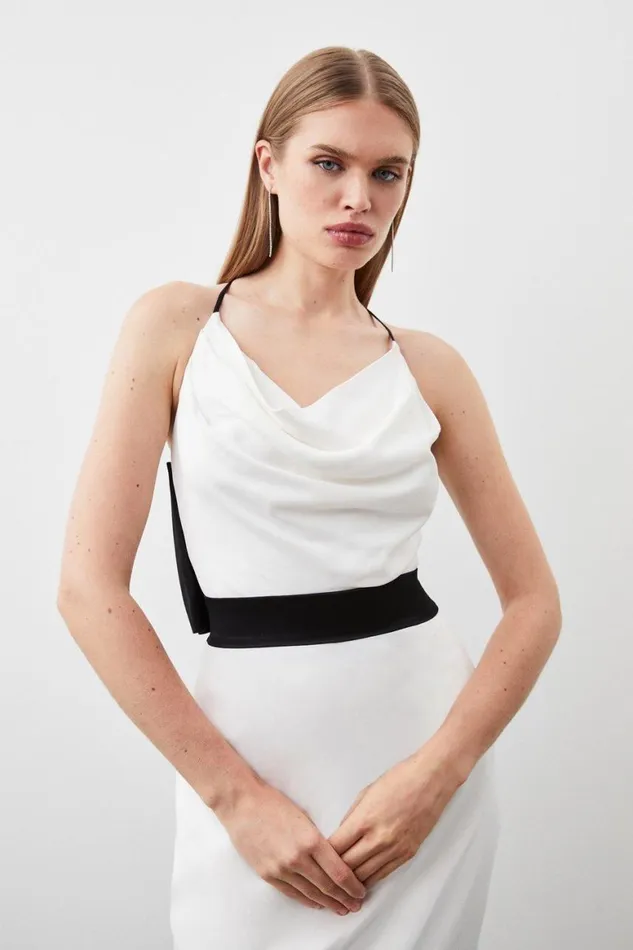 Dresses Women Karen Millen Satin Cowl Neck Strappy Bow Woven Midi Dress Ivory