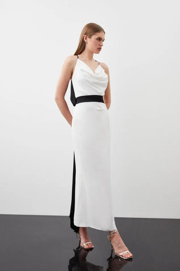 Dresses Women Karen Millen Satin Cowl Neck Strappy Bow Woven Midi Dress Ivory