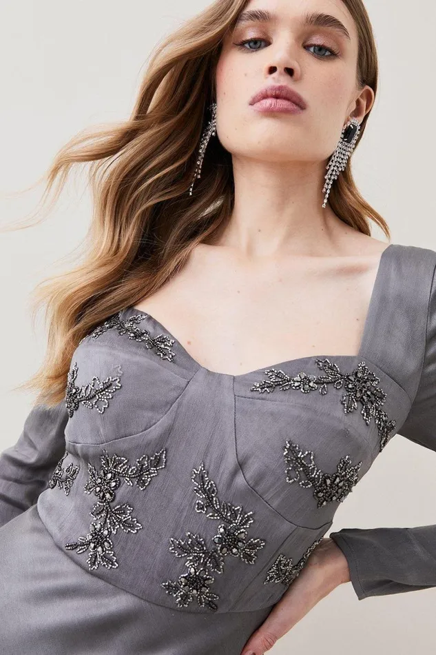 Dresses Women Karen Millen Satin Embellished Long Sleeve Mini Dress Charcoal