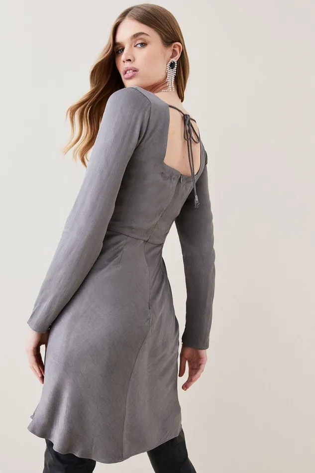 Dresses Women Karen Millen Satin Embellished Long Sleeve Mini Dress Charcoal