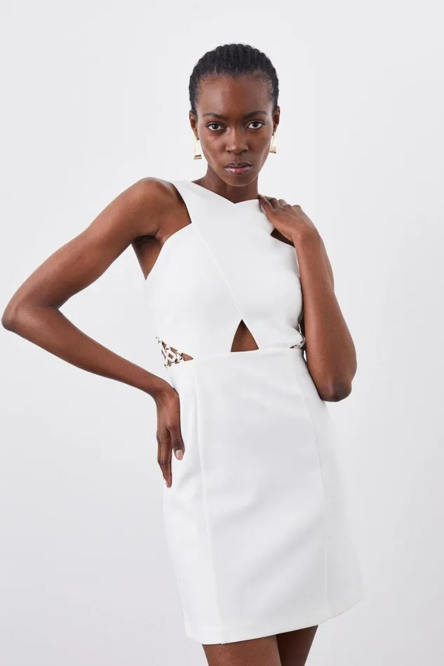 Dresses Women Karen Millen Scuba Crepe Lace Detail Cross Front Mini Dress Ivory