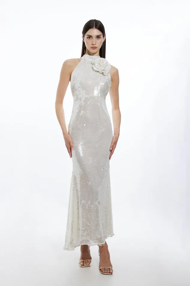 Dresses Women Karen Millen Sequin Rosette Halter Woven Maxi Dress White