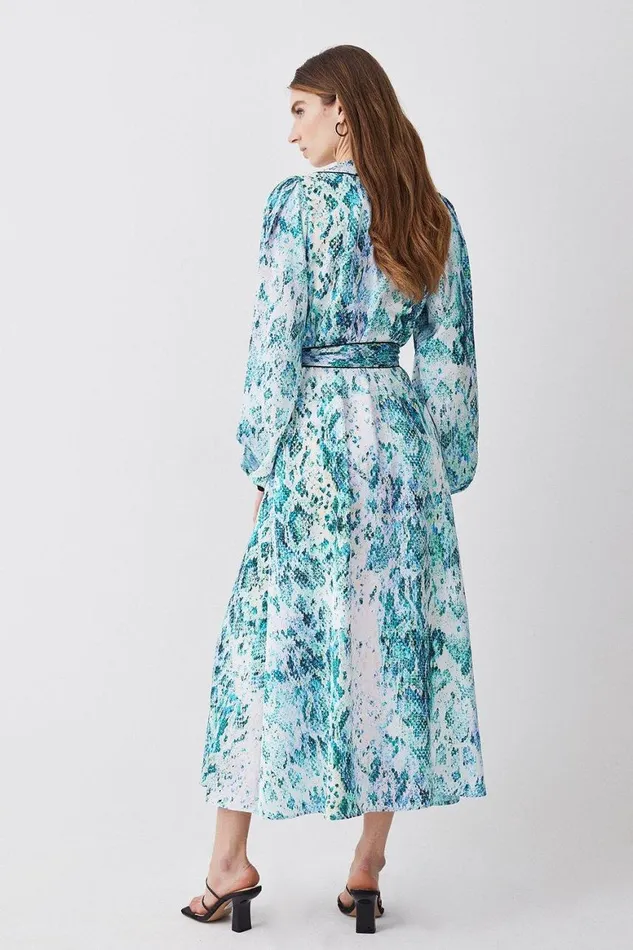 Dresses Women Karen Millen Soft Snake Print Satin Piped Zip Front Midi Dress Snake