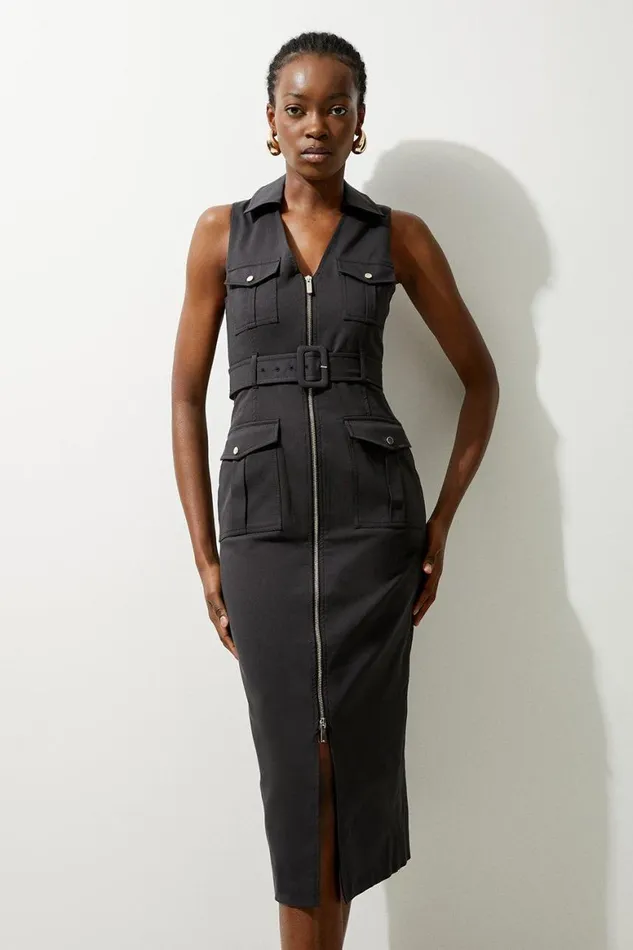 Dresses Women Karen Millen Tailored Cotton Belted Cargo Pocket Midi Shirt Dress Black Dresses Women Karen Millen Tailored Cotton Belted Cargo Pocket Midi Shirt Dress Black