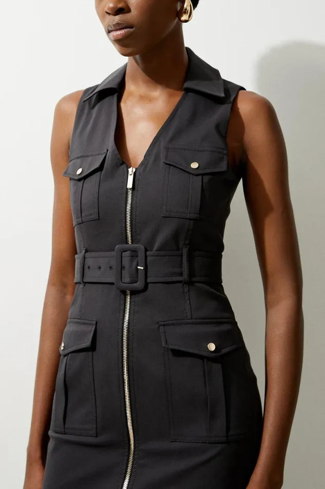 Dresses Women Karen Millen Tailored Cotton Belted Cargo Pocket Midi Shirt Dress Black