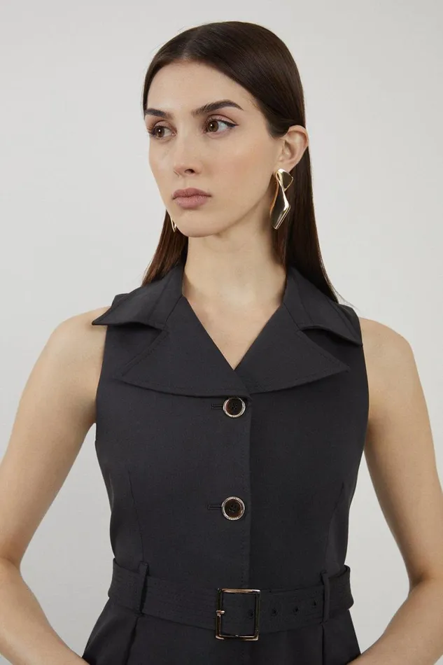 Dresses Women Karen Millen Tailored Cotton Halter Neck Belted Full Skirted Shirt Dress Black