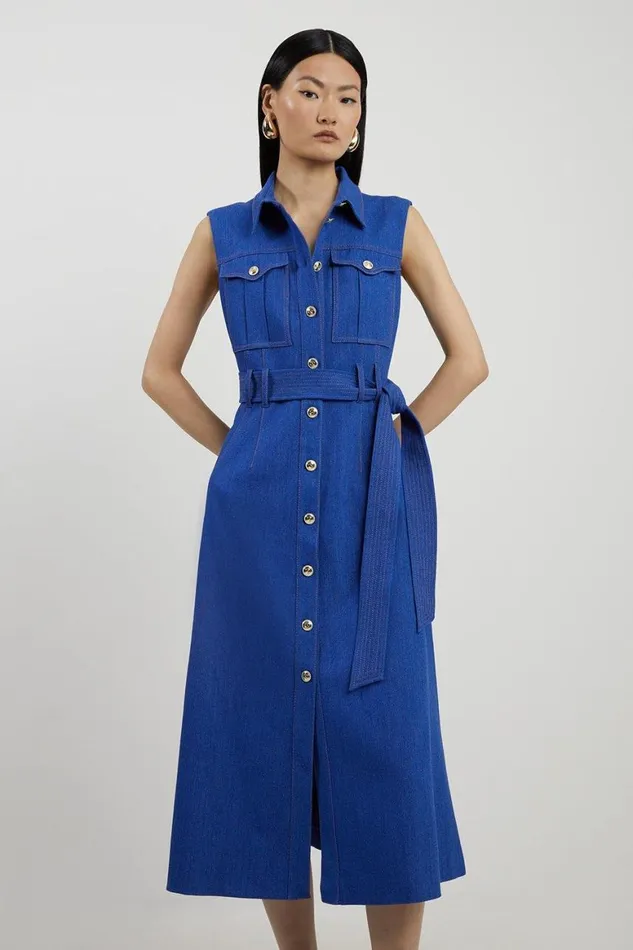 Dresses Women Karen Millen Tailored Denim Pocket Belted Full Skirt Midi Shirt Dress Mid Blue Dresses Women Karen Millen Tailored Denim Pocket Belted Full Skirt Midi Shirt Dress Mid Blue