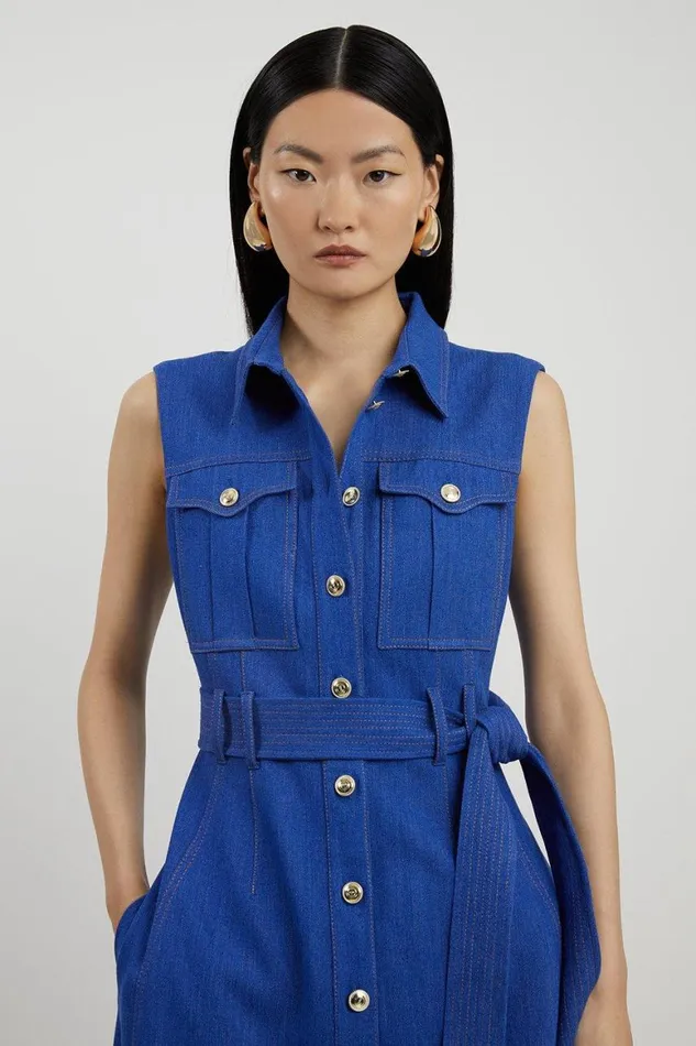 Dresses Women Karen Millen Tailored Denim Pocket Belted Full Skirt Midi Shirt Dress Mid Blue