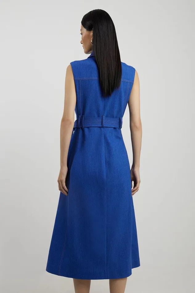 Dresses Women Karen Millen Tailored Denim Pocket Belted Full Skirt Midi Shirt Dress Mid Blue