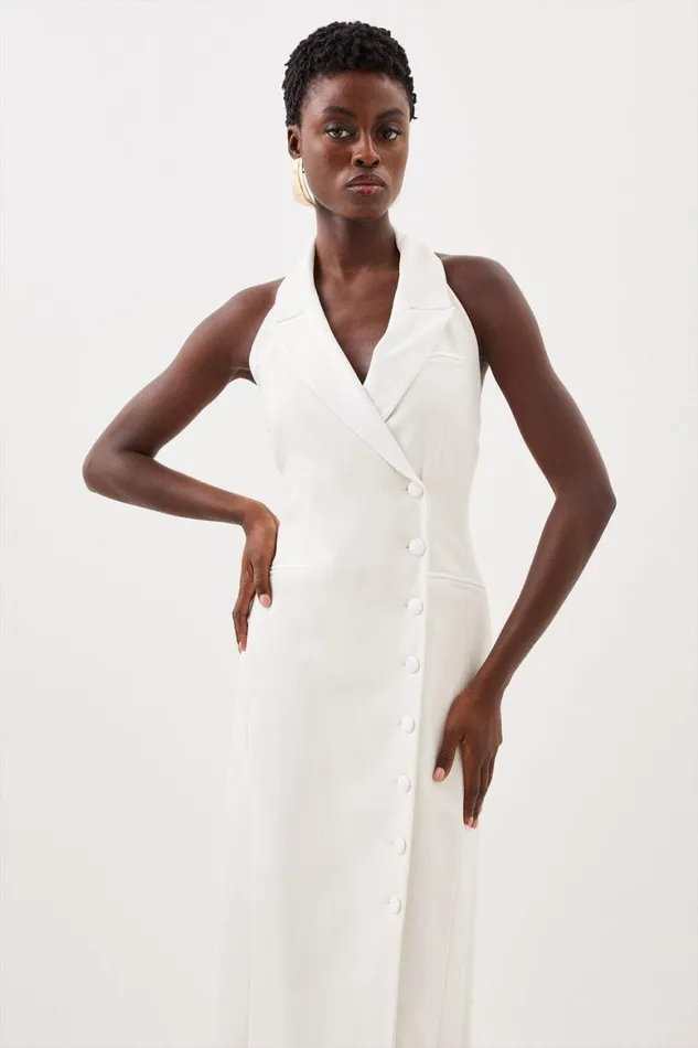 Dresses Women Karen Millen Tailored Premium Twill Halter Neck Sleeveless Maxi Dress Ivory