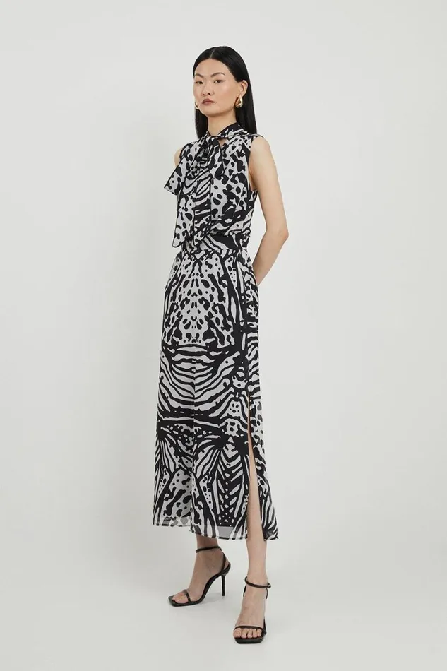 Dresses Women Karen Millen Tall Animal Print Georgette Woven Tie Neck Midi Dress Black Dresses Women Karen Millen Tall Animal Print Georgette Woven Tie Neck Midi Dress Black