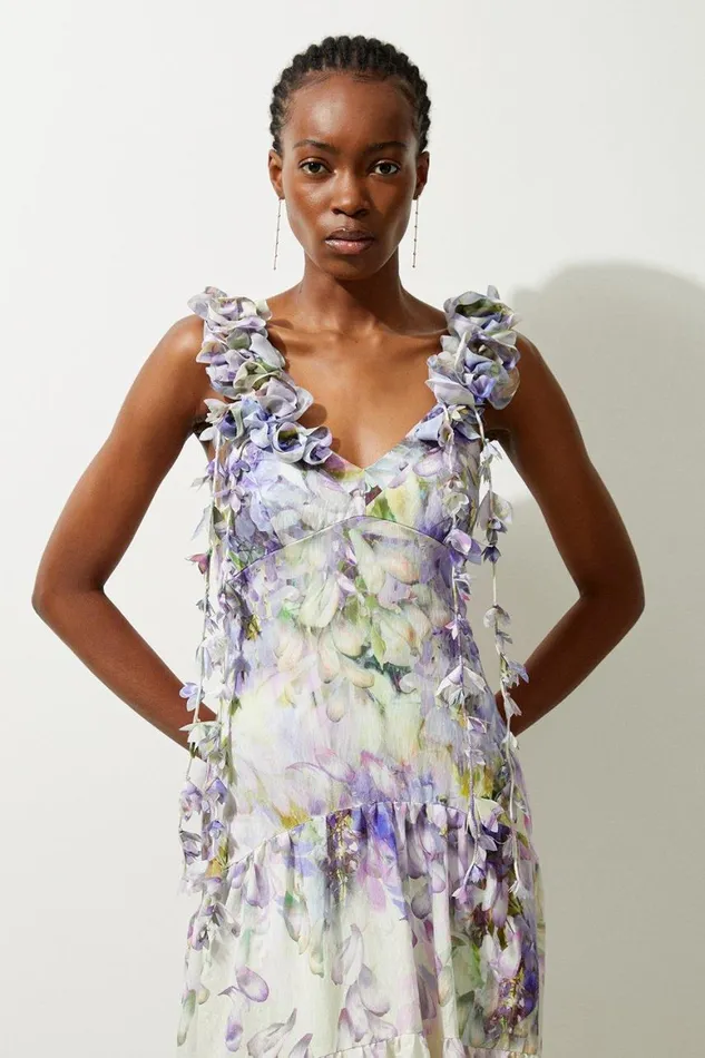 Dresses Women Karen Millen Tall Floral Applique Woven Strappy Woven Maxi Dress Lilac