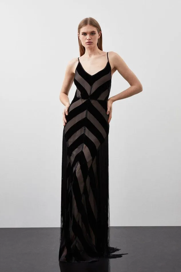 Dresses Women Karen Millen Tall Fringed Velvet Devore Woven Maxi Dress Black