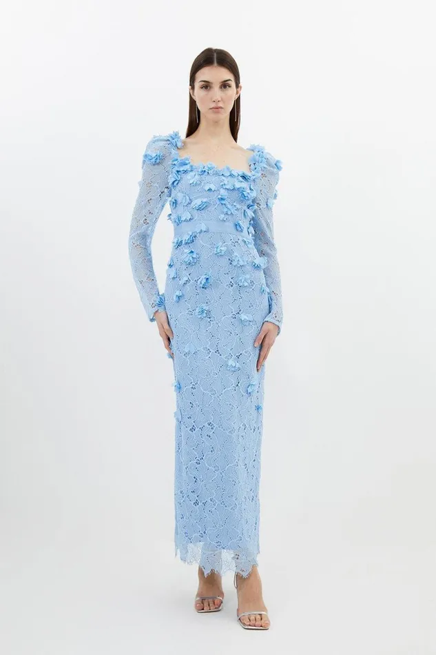 Dresses Women Karen Millen Tall Lace Petal Applique Woven Midi Dress Blue