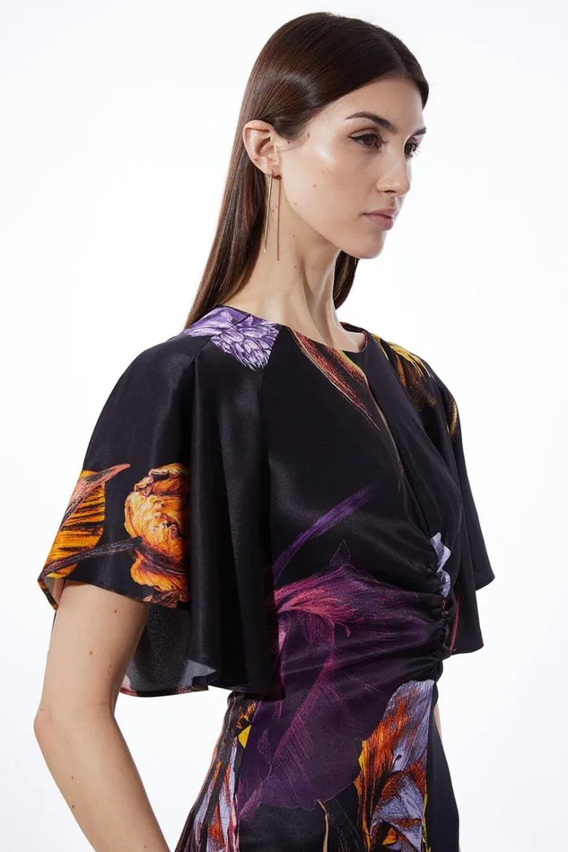 Dresses Women Karen Millen Tall Midnight Floral Satin Crepe Woven Angel Sleeve Maxi Black
