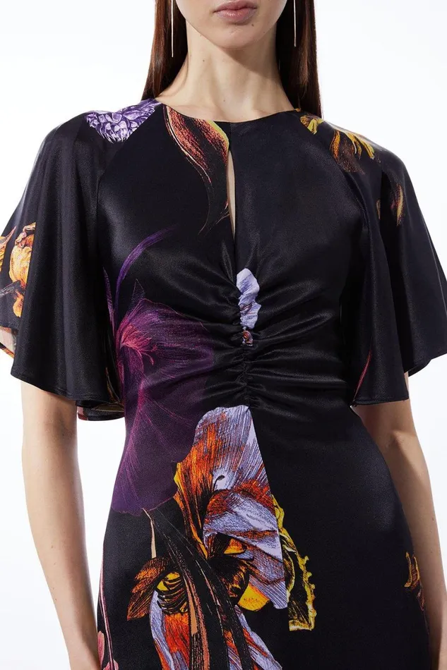 Dresses Women Karen Millen Tall Midnight Floral Satin Crepe Woven Angel Sleeve Maxi Black