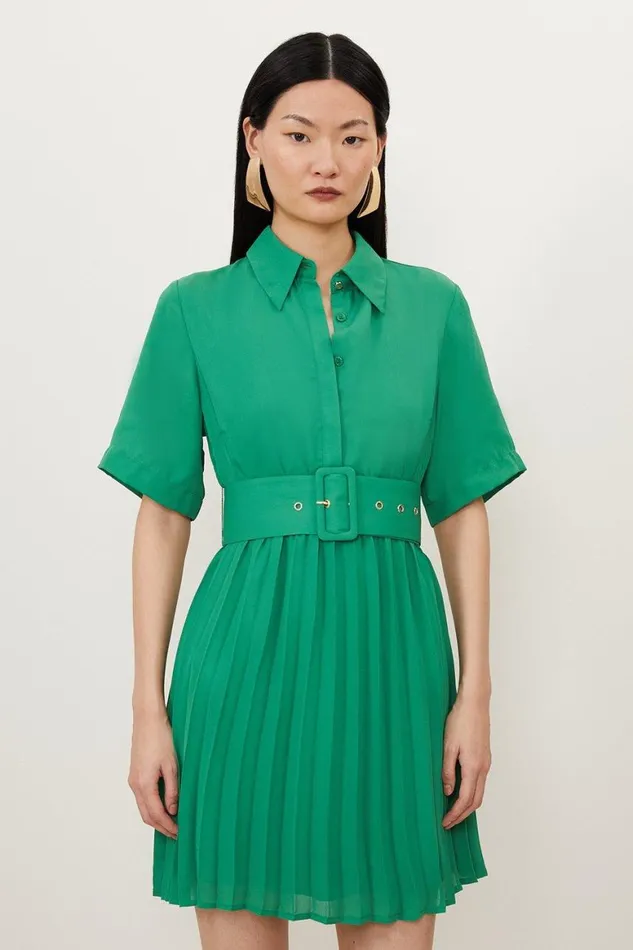 Dresses Women Karen Millen Tall Pleated Georgette Belted Shirt Mini Dress Green Dresses Women Karen Millen Tall Pleated Georgette Belted Shirt Mini Dress Green