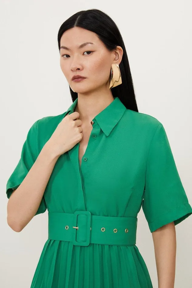 Dresses Women Karen Millen Tall Pleated Georgette Belted Shirt Mini Dress Green