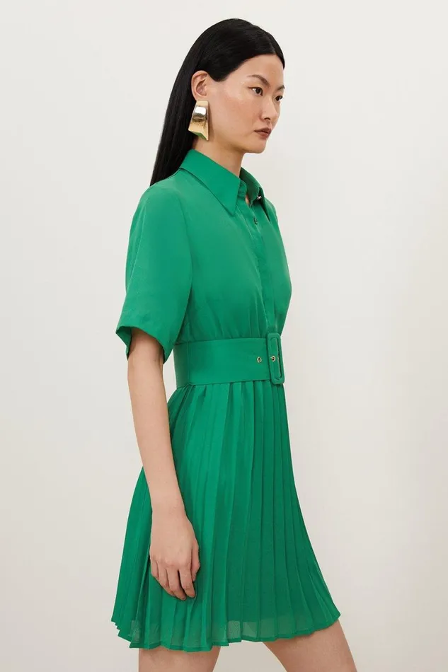 Dresses Women Karen Millen Tall Pleated Georgette Belted Shirt Mini Dress Green